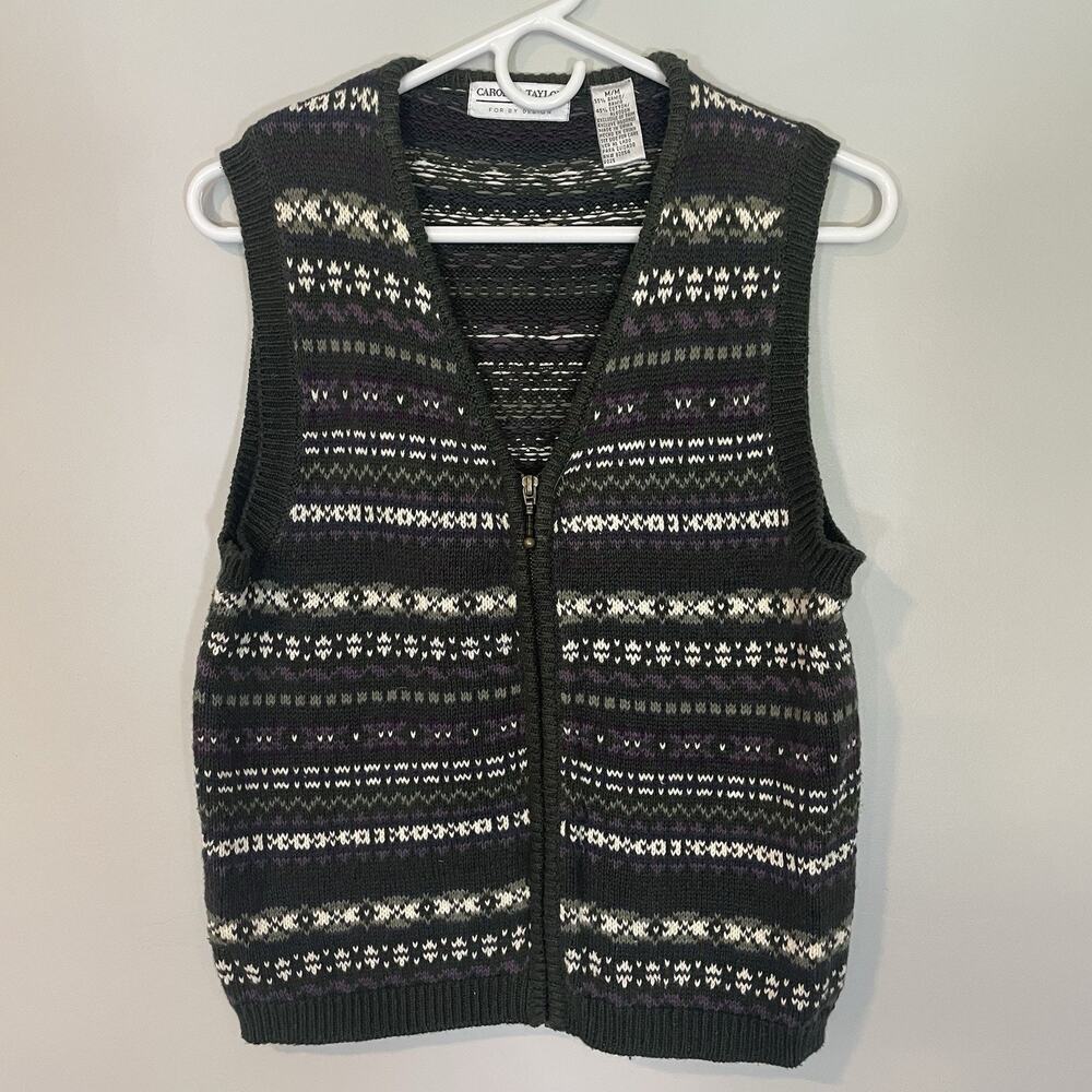 VTG Carolyn Taylor Women M Sweater Vest Nordic Fair Isle Green Zip Up Academia